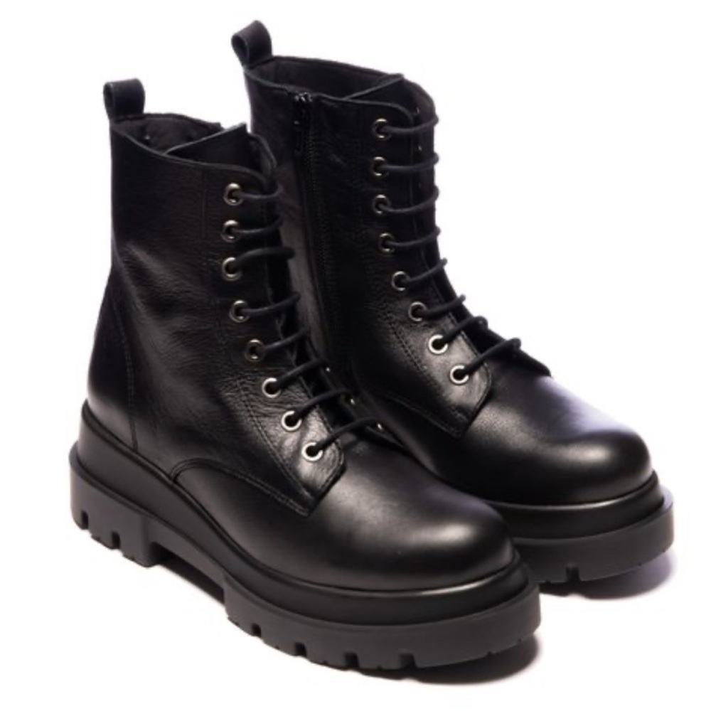 Made in Spain Black Leather Bolt Combat Platform Lace-up Boots